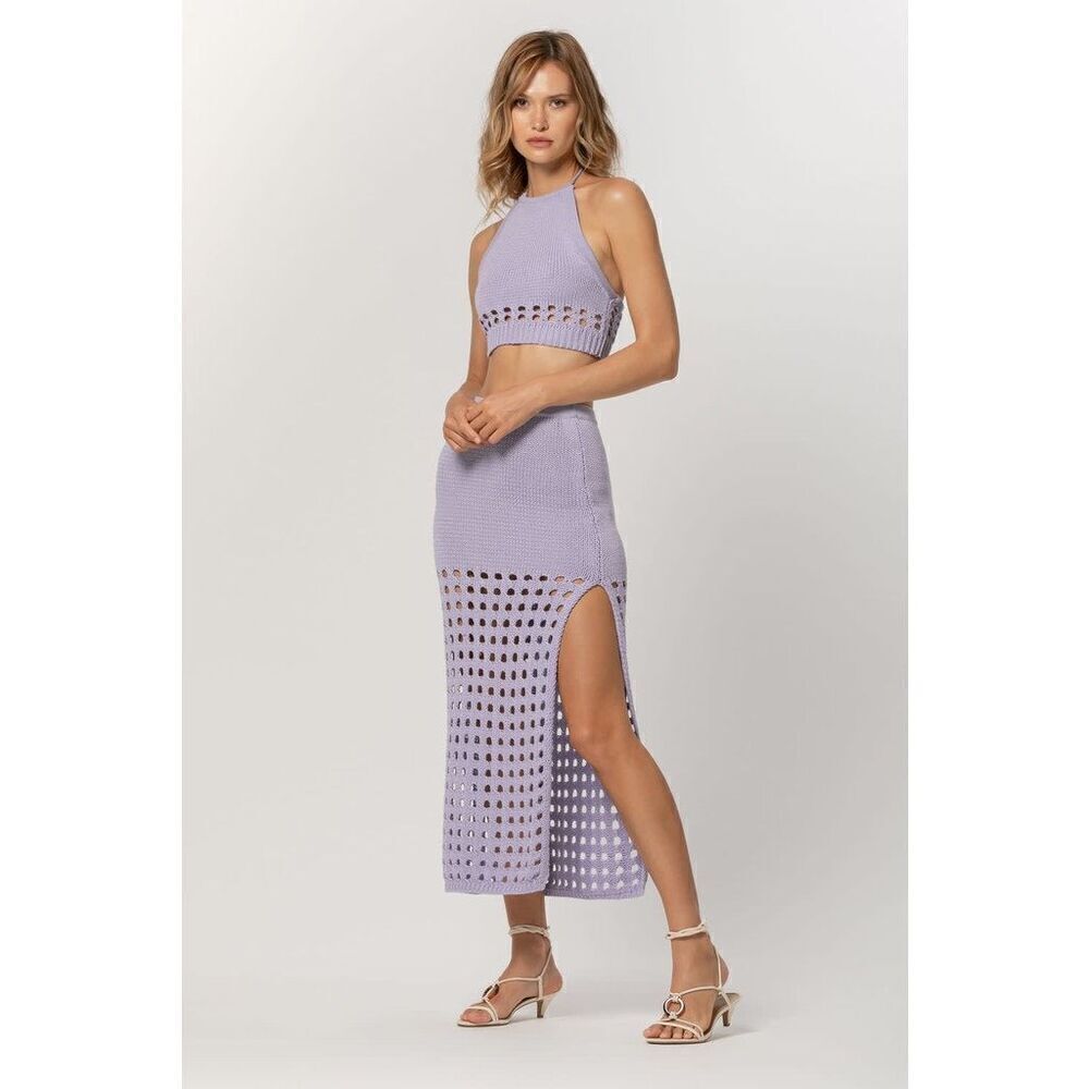 Lusana Chelsea Knitted skirt crop top set Vacation Beach Purple size 4 nwt $289